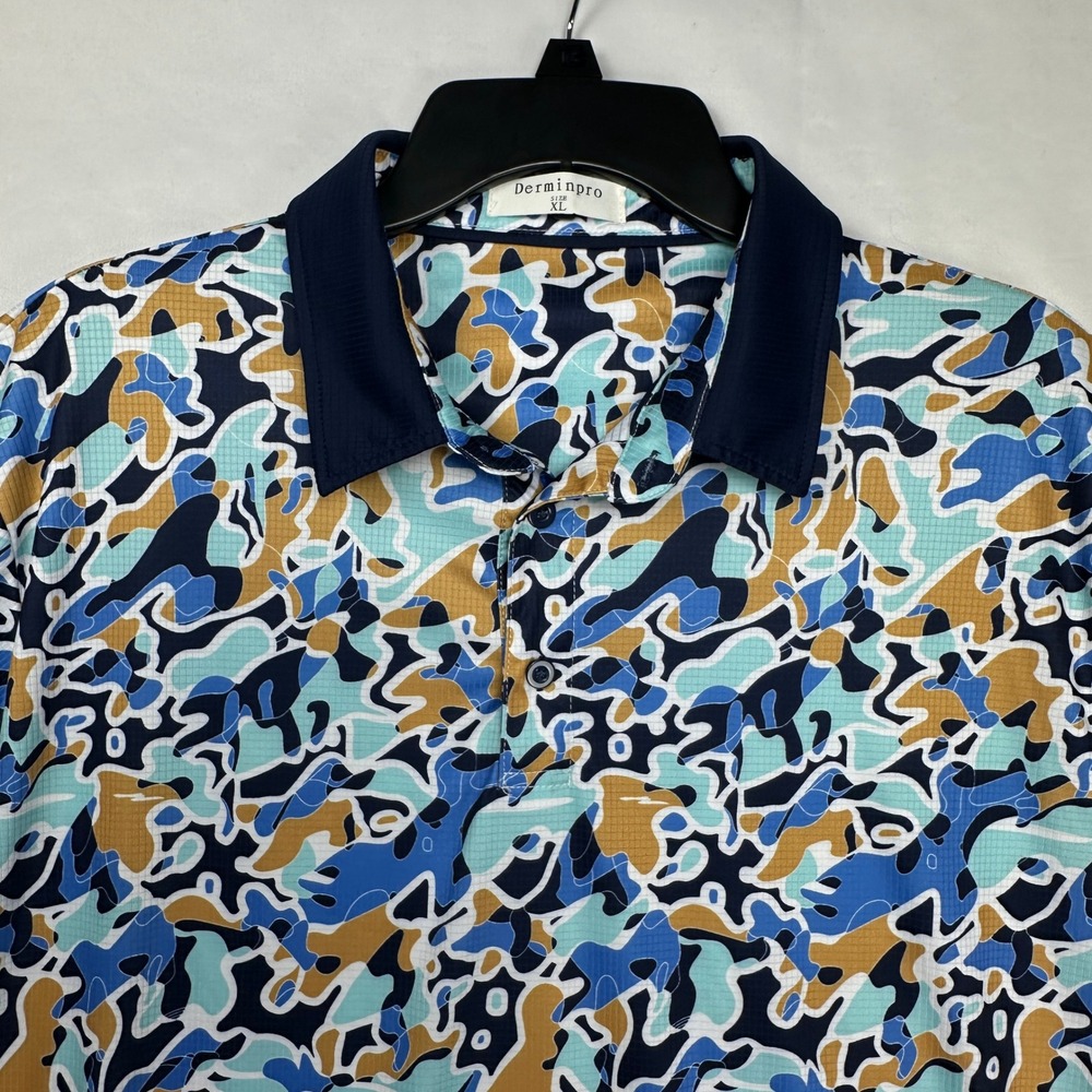 Derminpro Mens XL‎ Polo Shirt Blue Tan Abstract Camo Short Sleeve Golf Top
